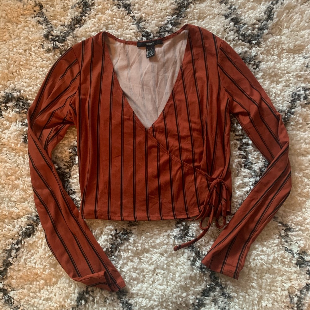Rust Red Retro Striped Wrap Top